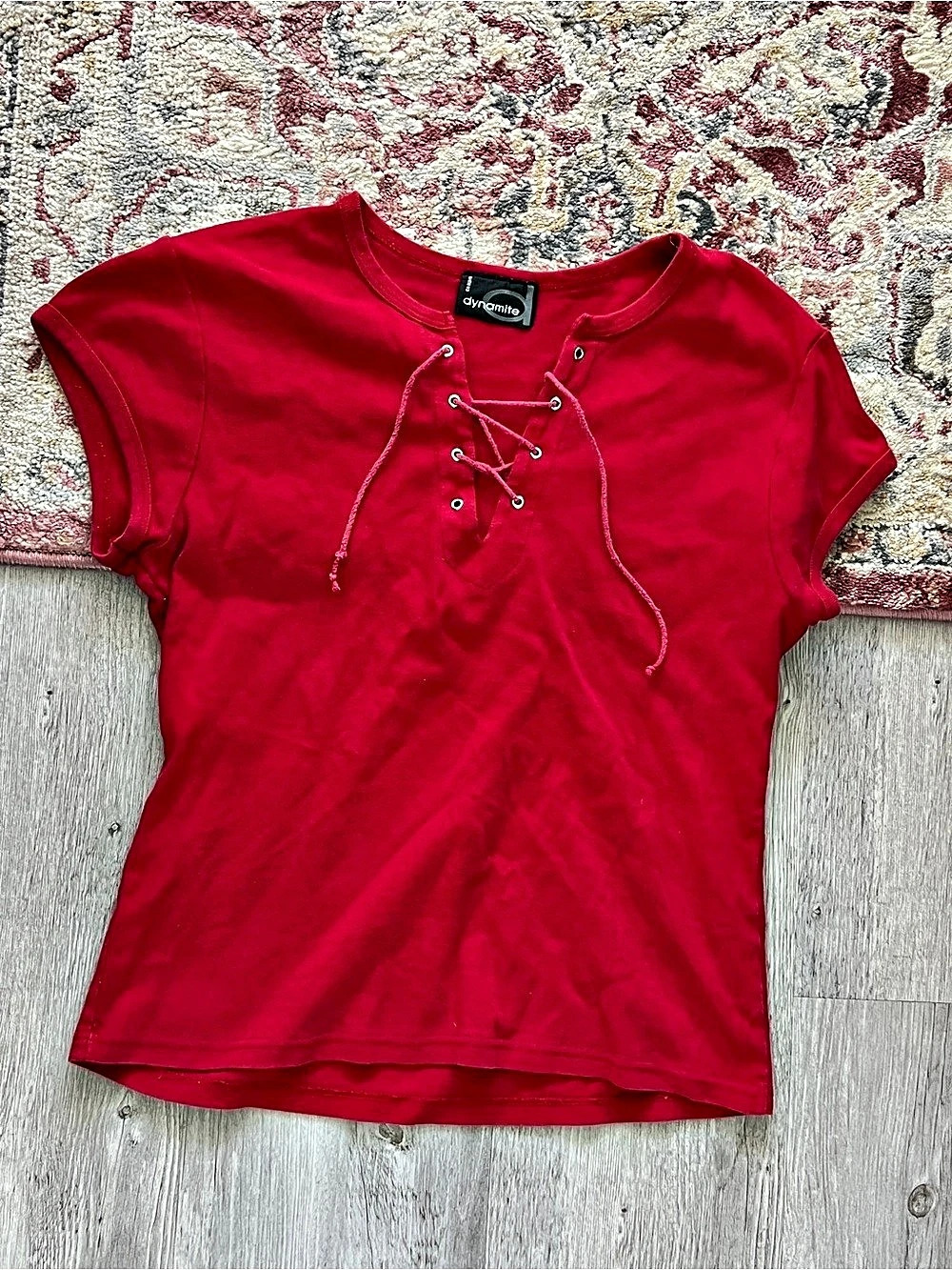Bebe Lace-Up Short Sleeve Top in Red